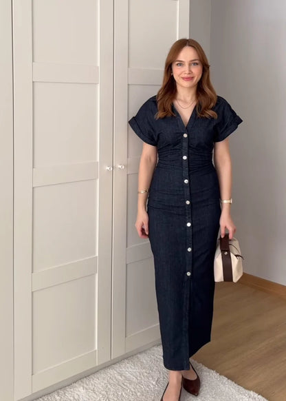 Etj primavera nova série 1975 denim midi vestido com lapela zíper lateral moda rugas cintura magro vestido elegante