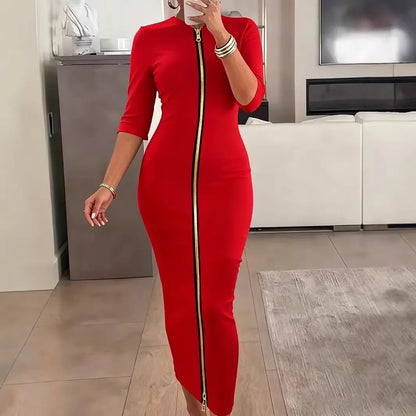 Vestido Lápis Preto Sólido com Manga Curta, Cintura Marcada, Comprimento Midi, Zíper Frontal, Gola Redonda, Ajuste Perfeito e Elegante