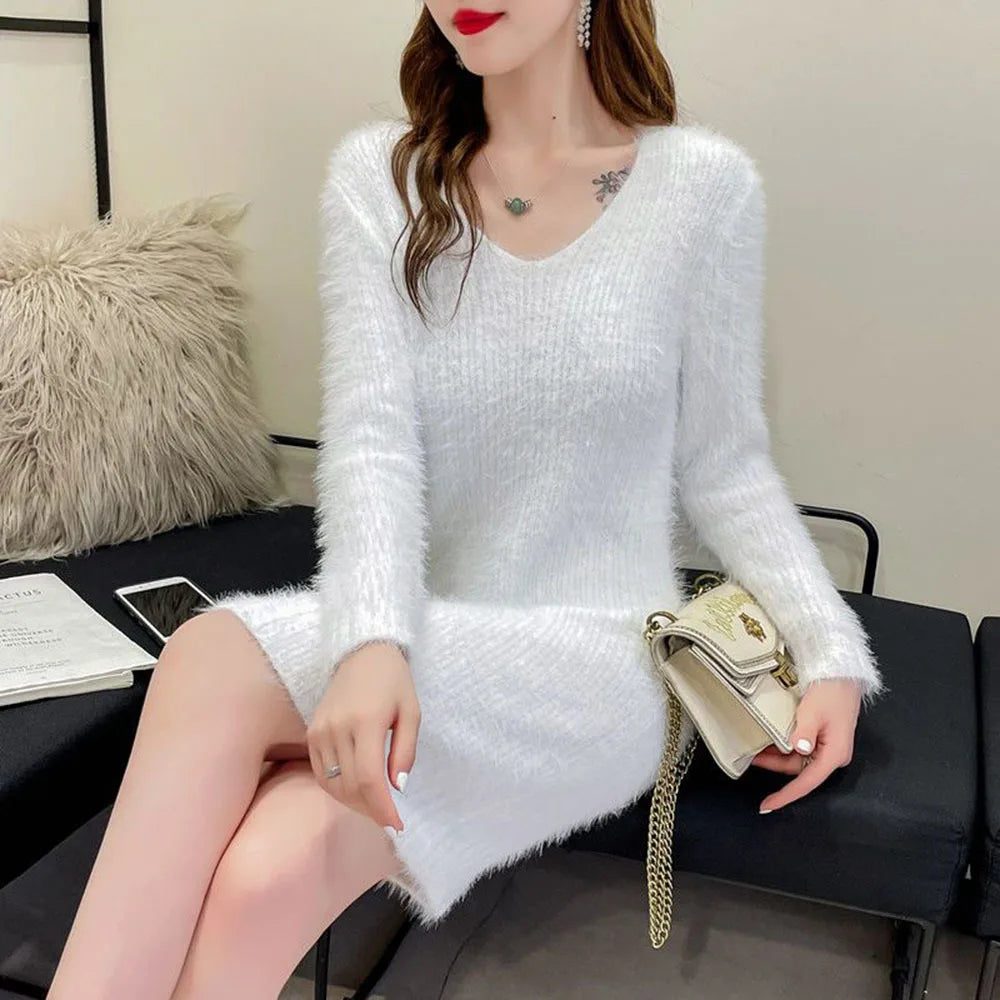 2023new vison veludo vestido de malha feminina outono inverno elástico fino camisola de fundo manga longa com decote em v senhora do escritório vestido elegante