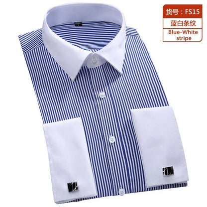 Camisa masculina clássica com punhos franceses, camisa social formal de negócios, ajuste padrão, manga longa, festa de casamento, escritório, trabalho, camisas brancas