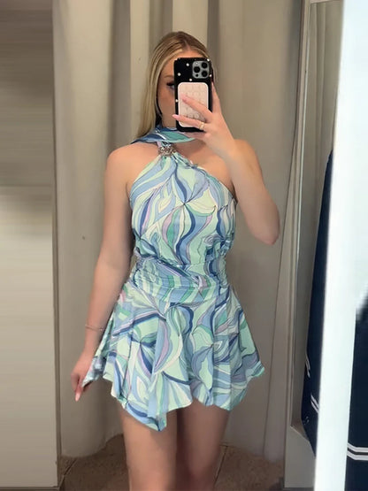 Vestido Feminino Estampado Mini Sem Costas Halter Cintura Alta com Saia Evasê Modeladora Casual Moderno Estilo Urbano