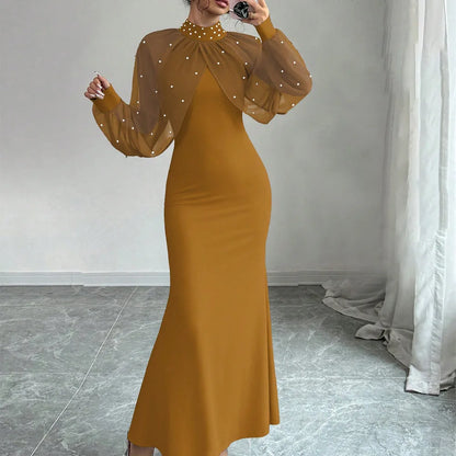 Vestido Longo Sereia Feminino 2026 Elegante com Gola Alta, Manga Longa em Tule, Cintura Marcada e Renda Sexy para Casamento