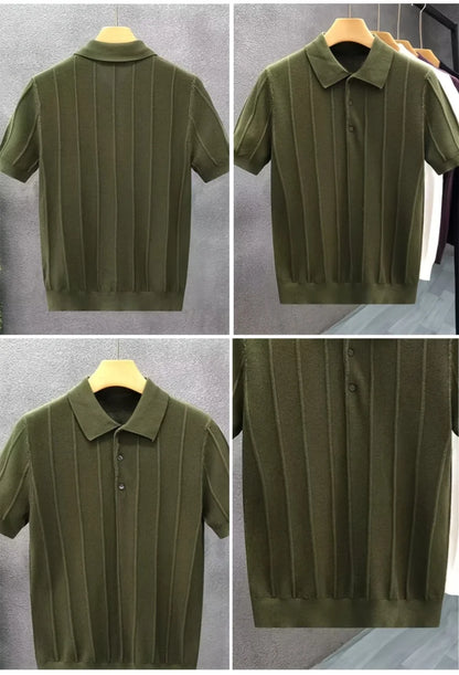 Suéter masculino de gola alta canelada - Camisa casual folgada de primavera com botões - Pulôver simples de cor única - Estilo aconchegante e moderno