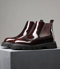 Estilo britânico masculino couro genuíno chelsea brogue em relevo botas curtas de alta qualidade sapatos de negócios sola grossa brilhante