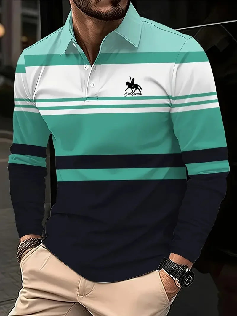 Classic minimalist striped long-sleeved men's polo shirt, fashionable autumn and winter men's casual golf oversized sportswear