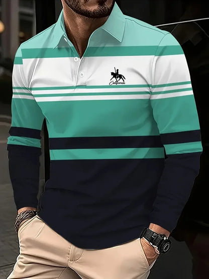Classic minimalist striped long-sleeved men's polo shirt, fashionable autumn and winter men's casual golf oversized sportswear