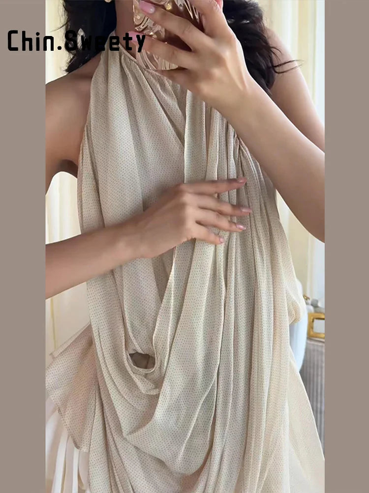 Colete Feminino Plissado Halter Solto Sem Mangas Costas Abertas Moda Feminina 2026 Verão Chique Versátil Liso