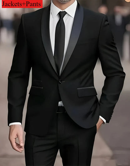 Men's Formal Suit Set Business Casual Slim Fit Tuxedo for Wedding, Long Sleeve Notch Lapel, Groom