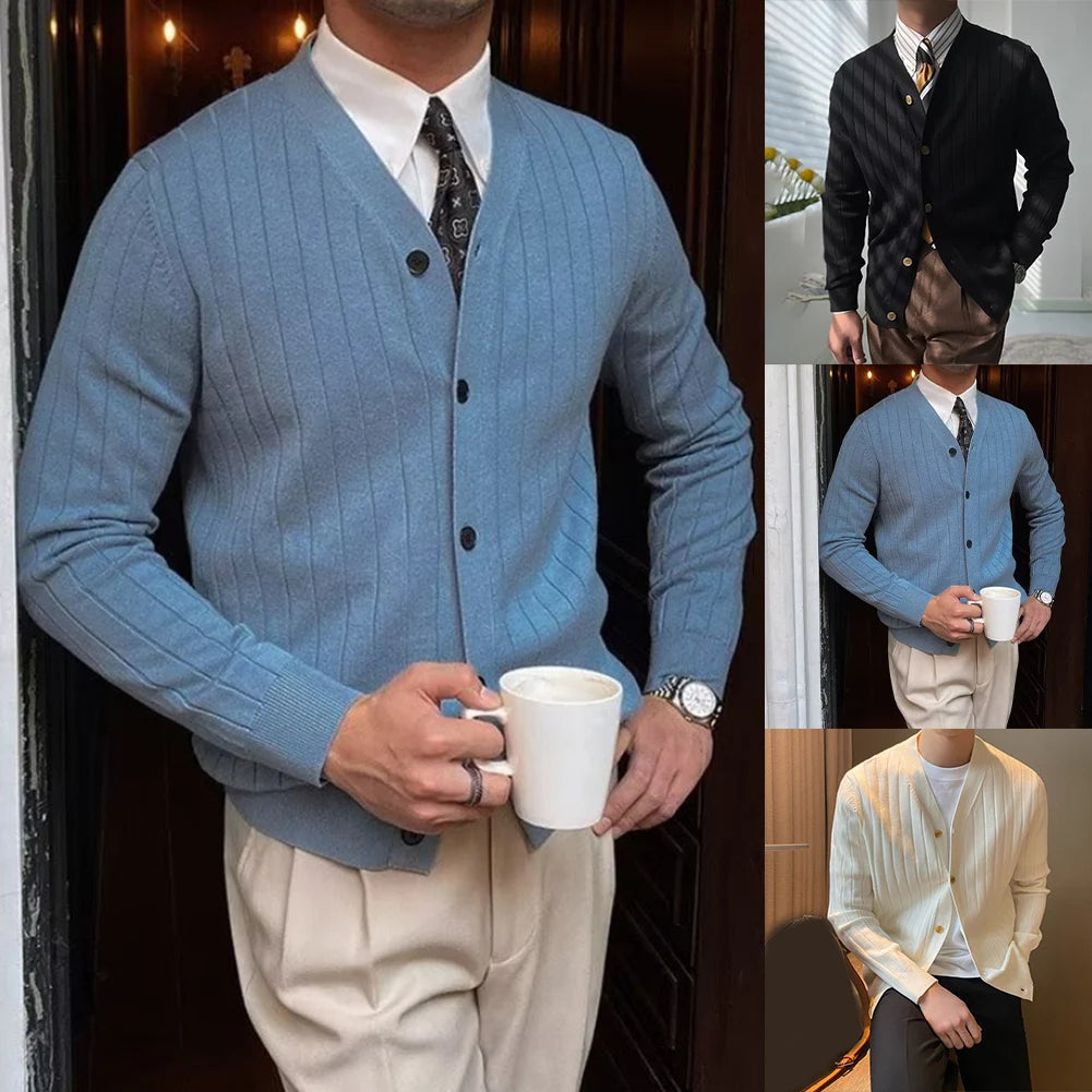 Cardigã Masculino de Tricô com Gola V e Botões, Casual e Simples, para Negócios e Uso Doméstico, Outono