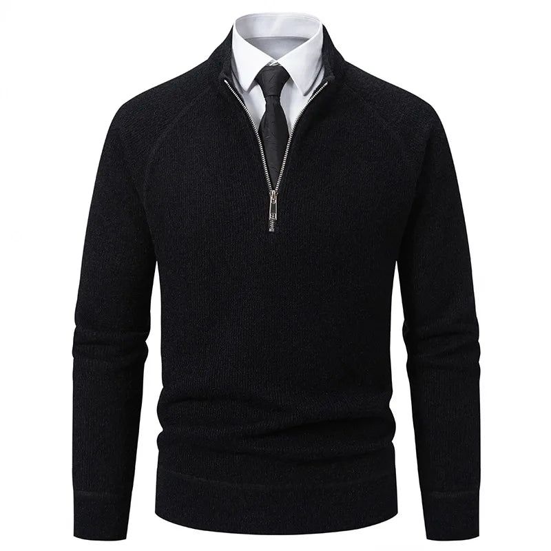 Suéter Masculino de Tricô com Meio Zíper, Gola Alta, Bordado, Casual, Moderno, Inverno, Grosso, Fibra de Poliéster, Manga Longa