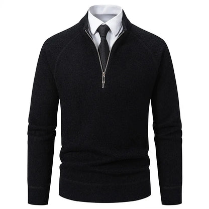 Suéter Masculino de Tricô com Meio Zíper, Gola Alta, Bordado, Casual, Moderno, Inverno, Grosso, Fibra de Poliéster, Manga Longa