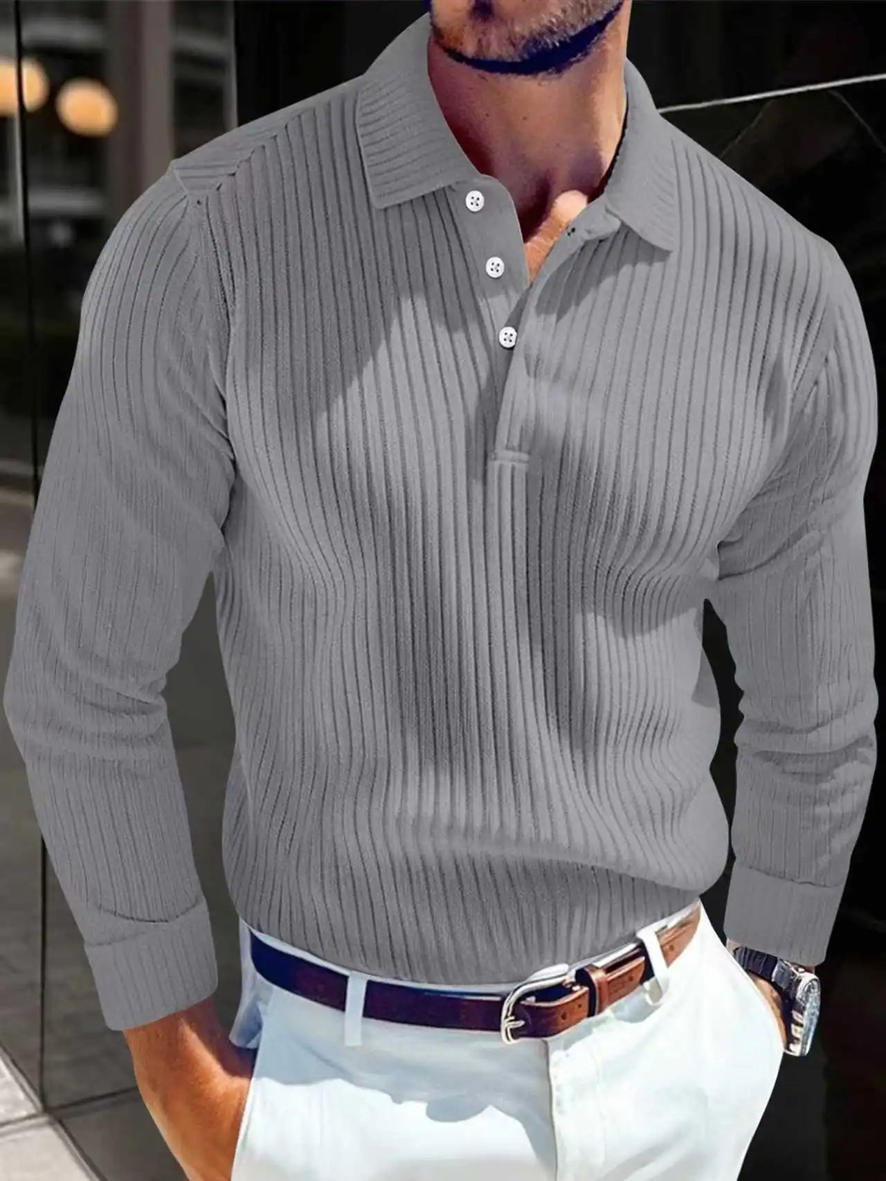 2025 primavera e outono novos homens cor sólida listrado botão gola de malha manga longa topo negócios casual respirável camisa polo