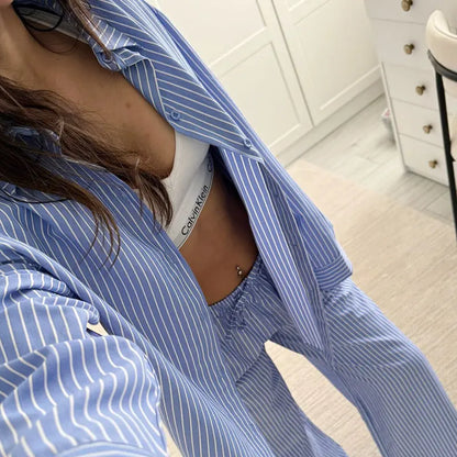 DSMTRC Women Casual Blue Stripe Loose Suits Buttons Shirt + Drawstring Pant 2025 New Summer Fashion Holidays Simple Stylish Sets