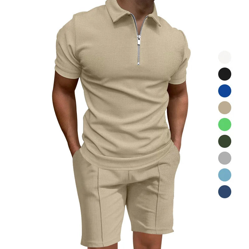 Homens de manga curta slim-fit terno casual da moda, lapela waffle, cor sólida, roupas de verão, frete grátis, 2024