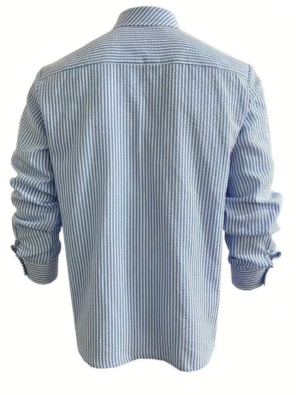 Camisa Masculina de Manga Longa Listrada com Corte Solto, Estilosa e Confortável para Uso Casual em Todas as Estações, Ideal para Atividades ao Ar Livre