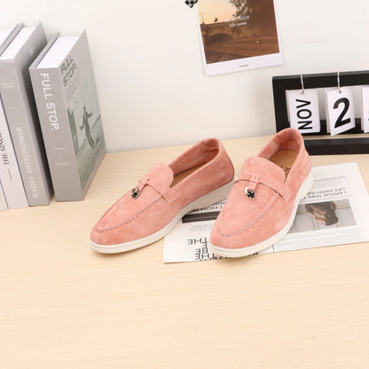 Mocassins Femininos de Camurça Sem Logo, Design de Luxo, Sapatos Casuais Confortáveis para Mulheres, Calçados Planos para o Verão