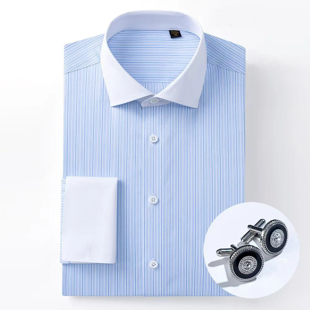 Nova Camisa Masculina de Algodão Puro 200S DP de Alta Qualidade, Não Amassa, Quatro Camadas, com Punho Francês, Gola Windsor e Gola Listrada Contrastante