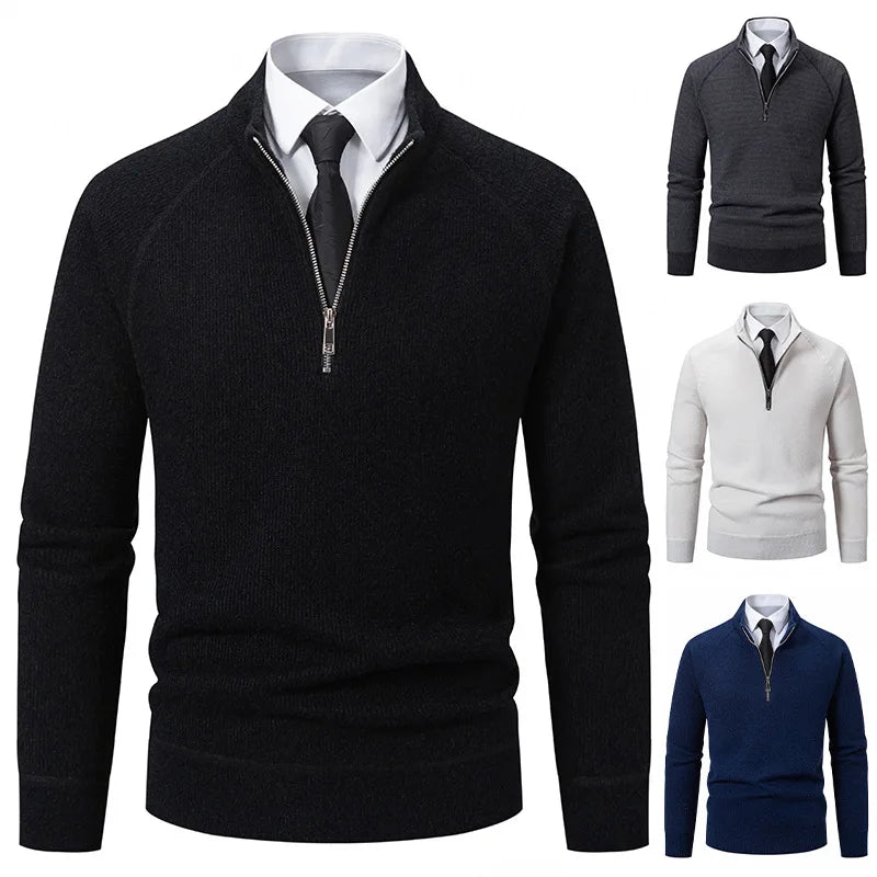 Suéter Masculino de Tricô com Meio Zíper, Gola Alta, Bordado, Casual, Moderno, Inverno, Grosso, Fibra de Poliéster, Manga Longa