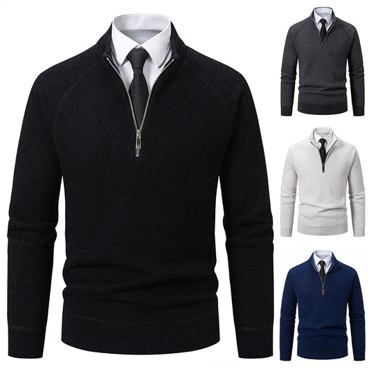 Suéter Masculino de Tricô com Meio Zíper, Gola Alta, Bordado, Casual, Moderno, Inverno, Grosso, Fibra de Poliéster, Manga Longa