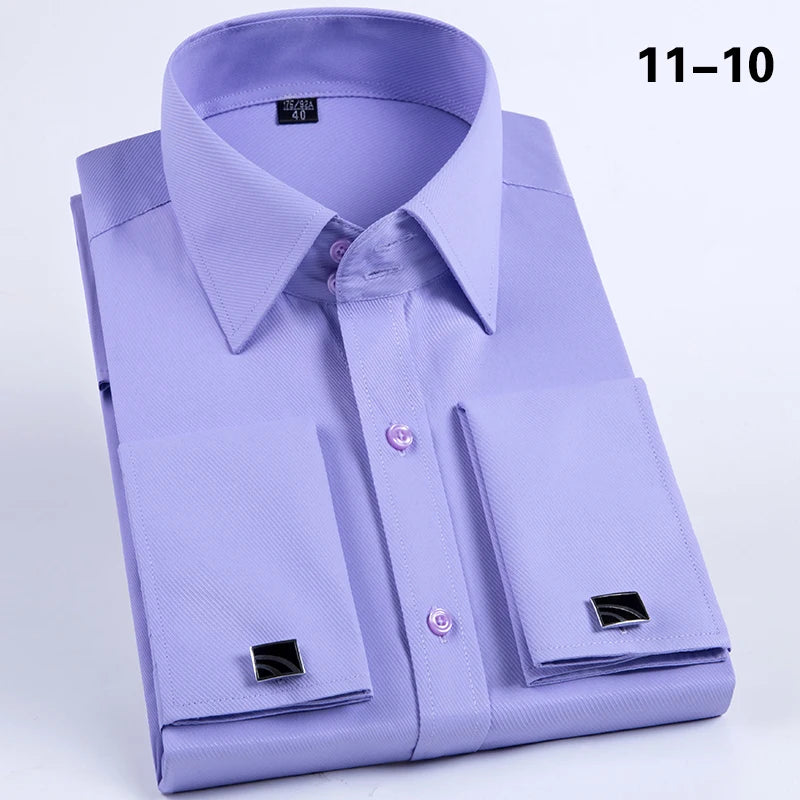 Camisa masculina com abotoaduras francesas, ajuste fino de manga comprida, manga de negócios, sem unhas, camisa formal masculina de cor sólida