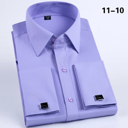 Camisa masculina com abotoaduras francesas, ajuste fino de manga comprida, manga de negócios, sem unhas, camisa formal masculina de cor sólida
