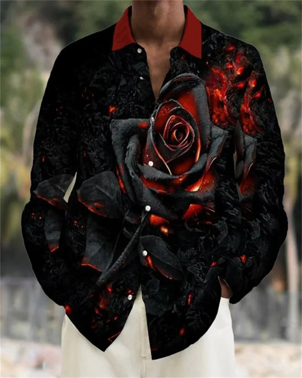 Camisa masculina de manga comprida Camisa impressa em 3D de alta qualidade, padrão floral, primavera e outono, tecido casual e elegante e confortável