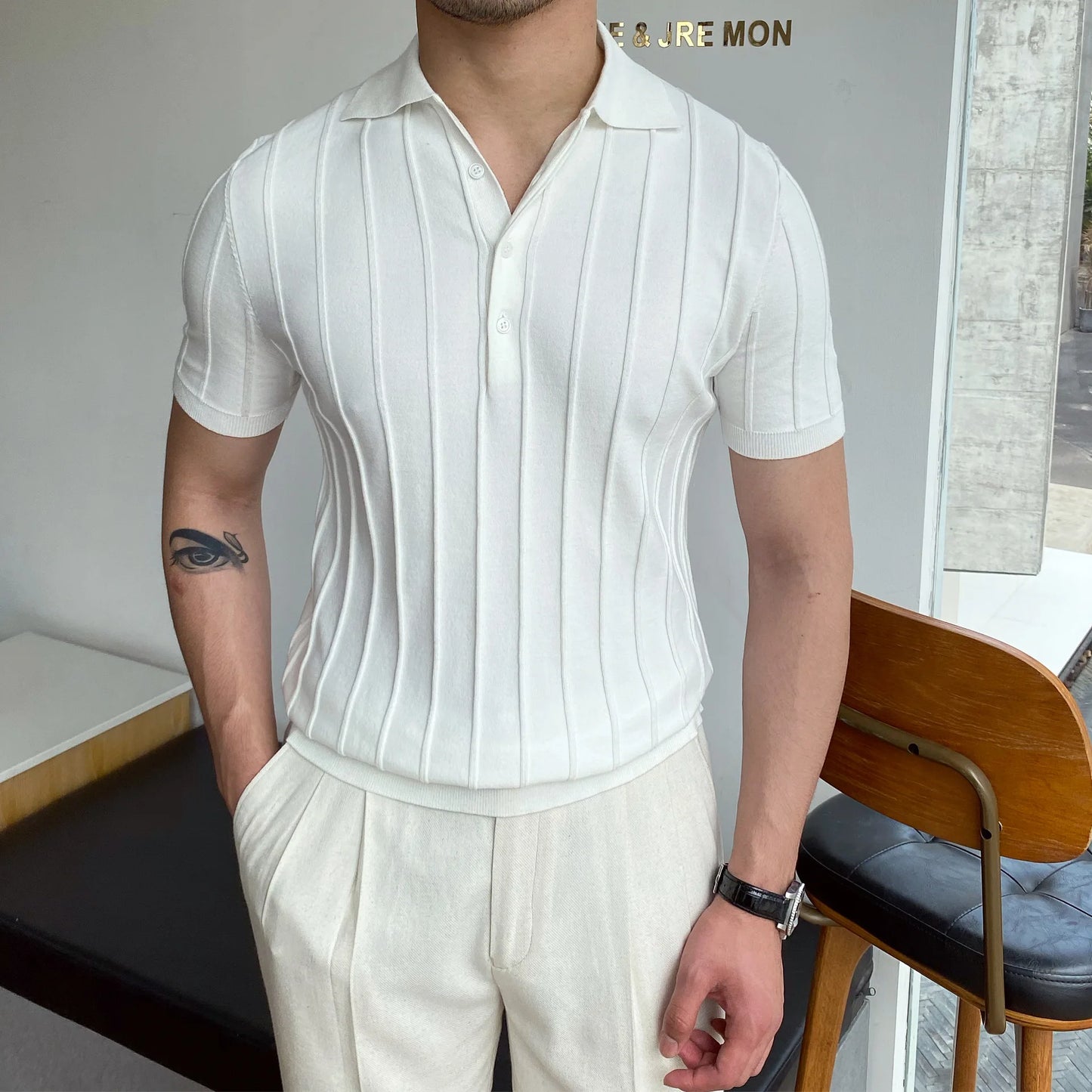 Camisa polo de manga curta de malha masculina, blusa casual de negócios, polo Slim Fit, primavera verão, camiseta listrada moda, camiseta com gola polo, malhas