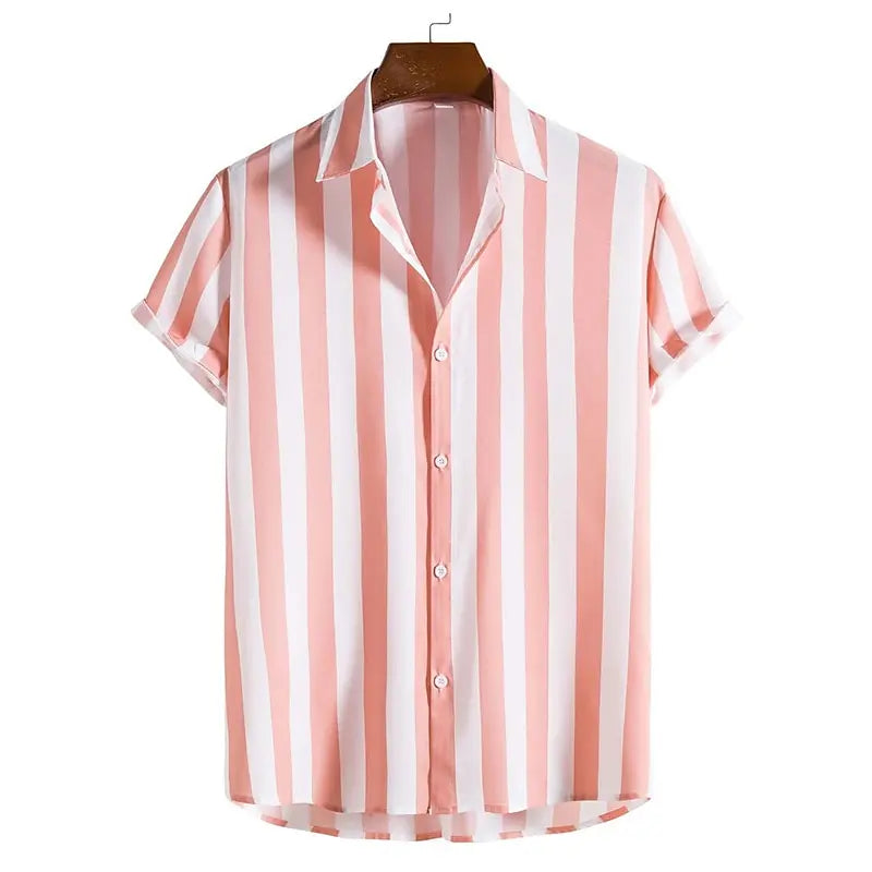 Listrado simples camisa masculina casual solto lapela cardigan topo tamanho grande camisa de manga curta masculina high-end confortável e simples