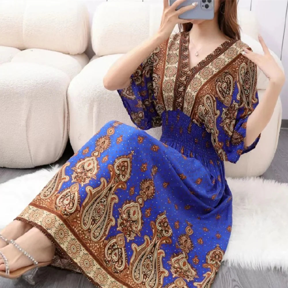 Flor colorida com decote em v elástico jovem boêmio doce midi vestido mulher roupas chique moda vestidos de verão 2025 grande balanço esqui