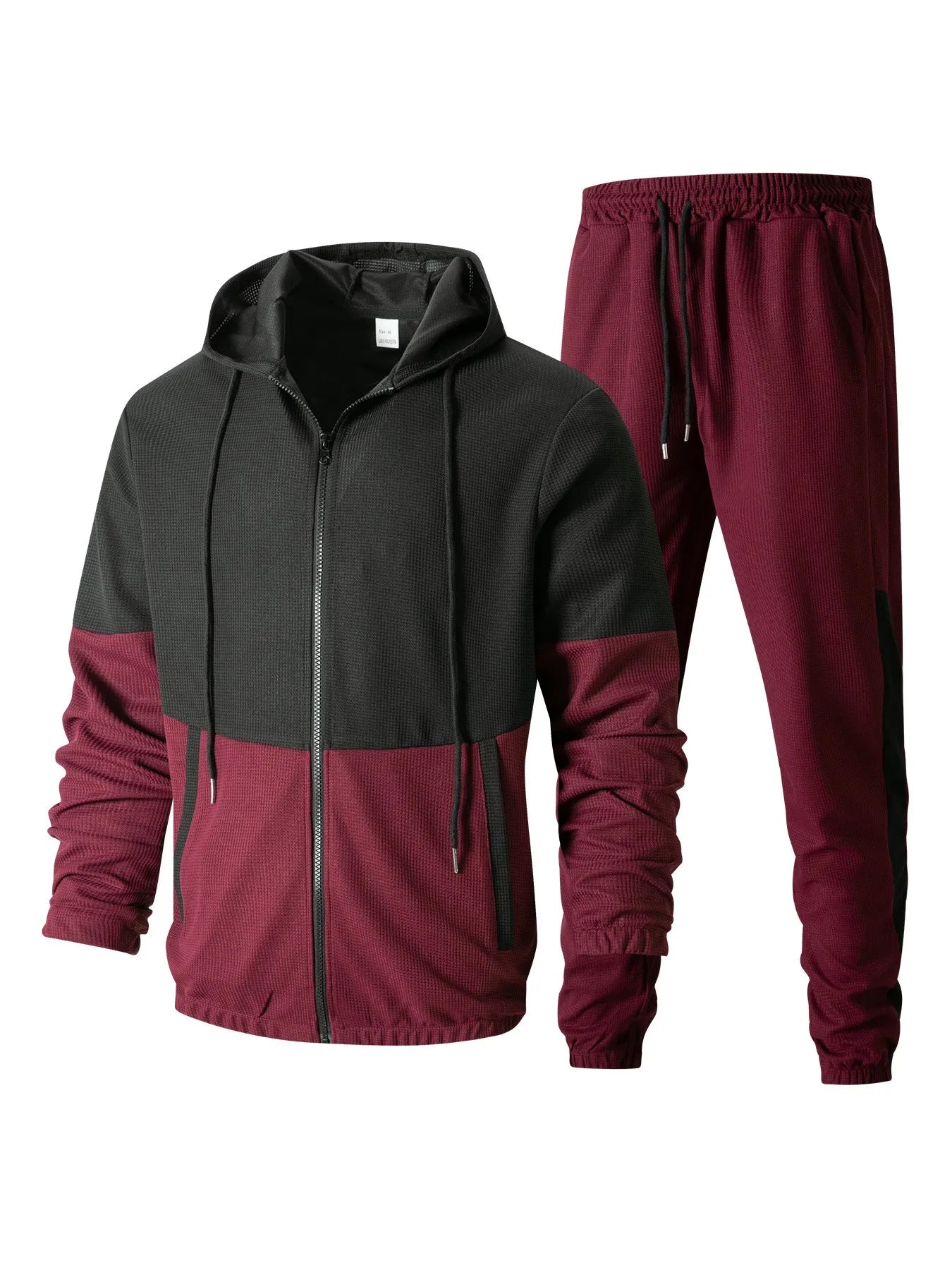 2025 new spring and fall men's hooded Waffle color matching jacket double pocket long sleeve jacket casual sports two pants suit