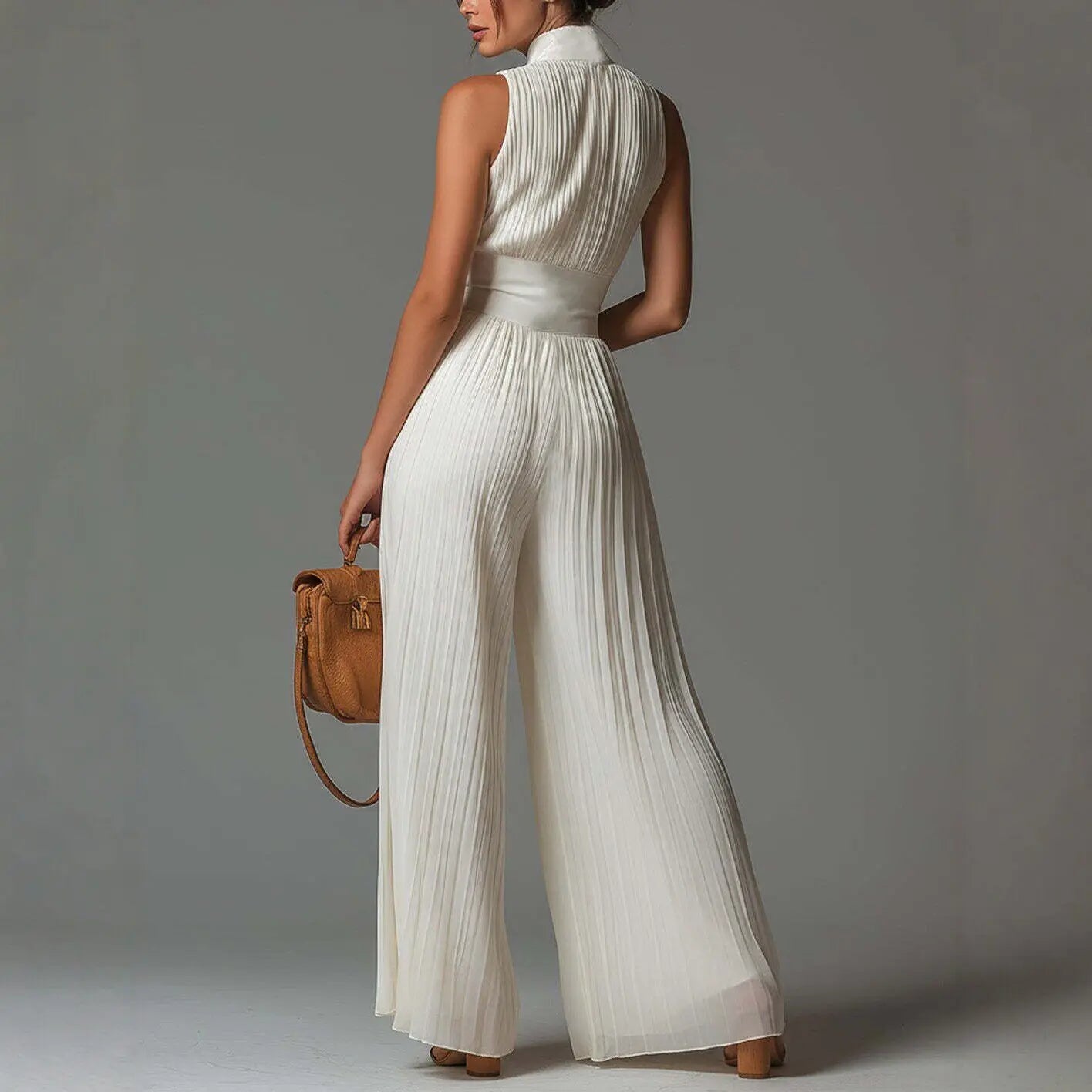 Elegant Stand Collar Zipper Pleated Jumpsuit Women's Solid High Waist Wide Leg Romper Summer Sleeveless Vacation Overalls