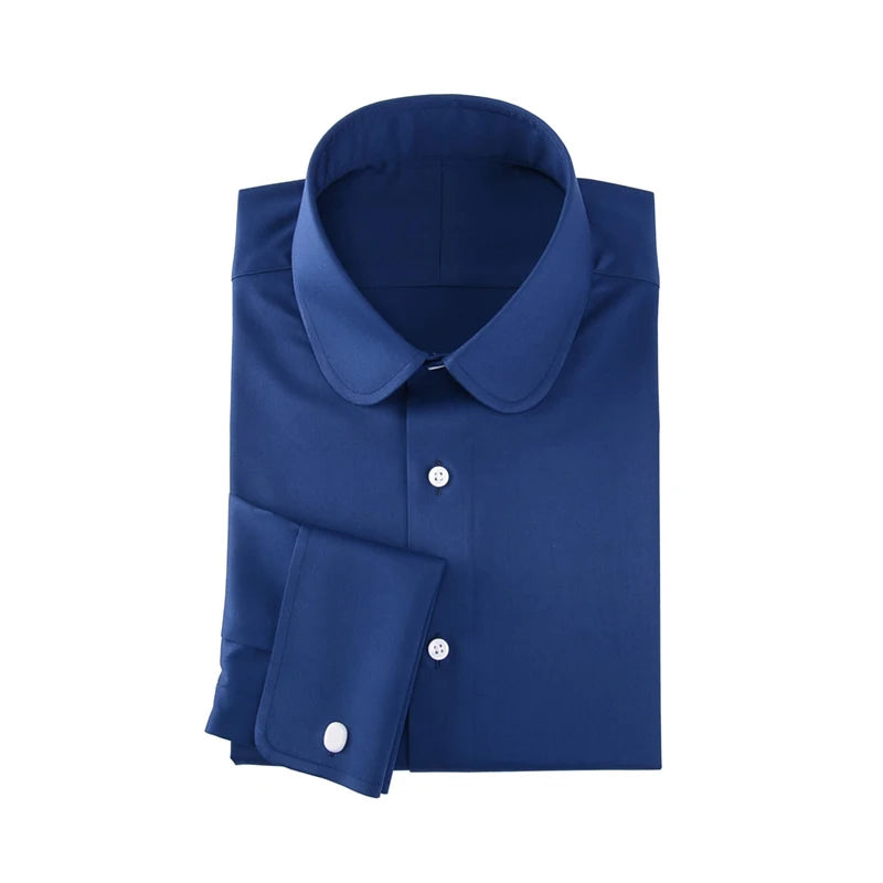 Camisa masculina clássica com gola Eton, gola arredondada, manga comprida, 100% algodão, punho regular, branca, personalizada para homens.
