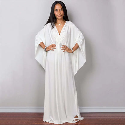 Vestidos caftan plus size para mulheres, cor sólida, plus size, vestido de praia, decote em v, solto, macio, caftan, loungewear