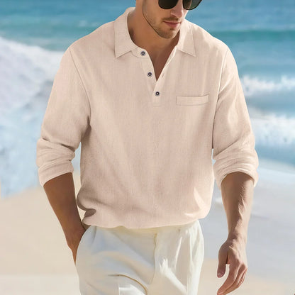 Camisa Masculina Casual de Linho e Algodão Leve com Lapela, Solta, Cor Sólida, Moda Primavera Outono, com Detalhe Decorativo na Gola