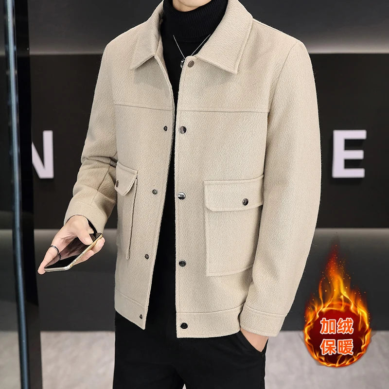 Outono inverno cor sólida jaqueta de lã para homens fino ajuste manga longa casual lã mistura jaquetas social streetwear casaco M-4XL