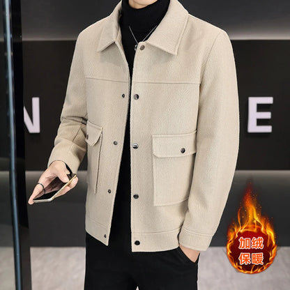 Outono inverno cor sólida jaqueta de lã para homens fino ajuste manga longa casual lã mistura jaquetas social streetwear casaco M-4XL