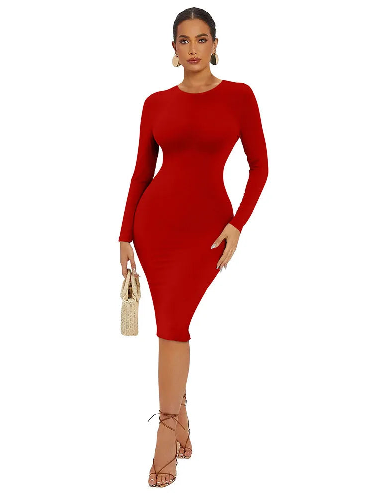Novo vestido feminino justo e altamente elástico, cor sólida, sexy, manga comprida, modelo envelope, comprimento midi.