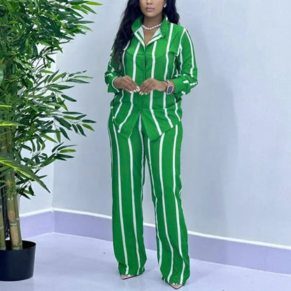 Moda africana feminina conjunto de duas peças listra impresso outono casual botão manga comprida camisa calças perna larga conjunto de duas peças feminino