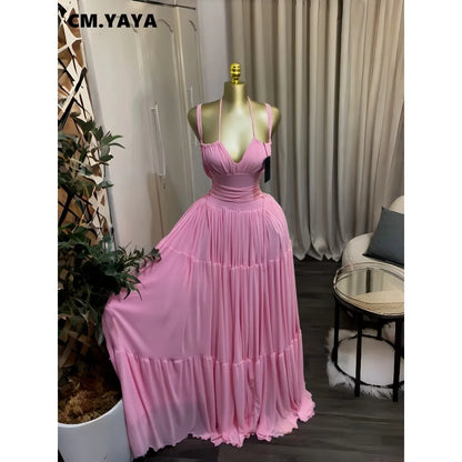 CM.YAYA 2026 Novo Vestido Longo Maxi Feminino Halter Sem Alças para Verão, Festa, Aniversário, Praia, Sexy, Férias