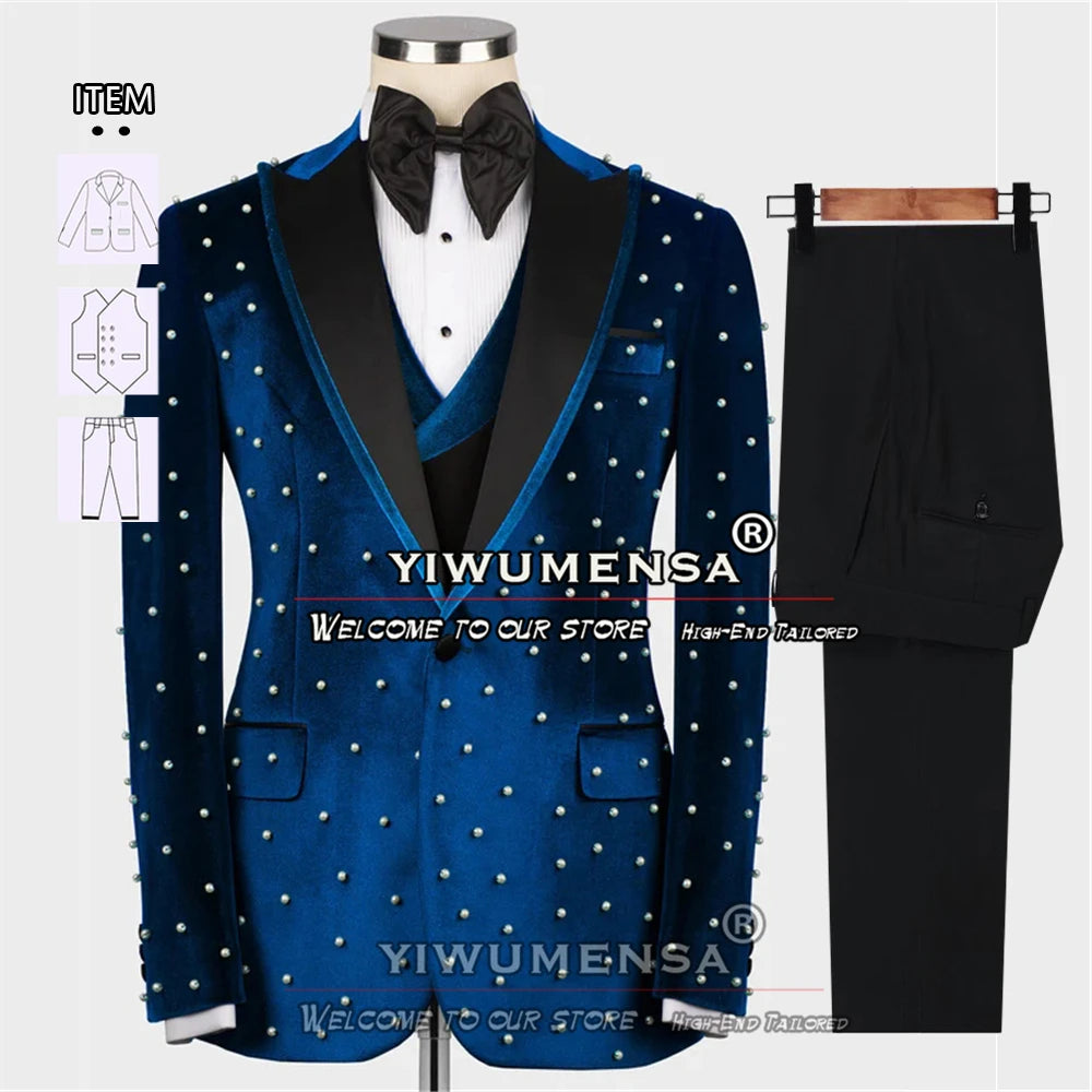 Ternos de casamento de luxo para homens noivo usar smoking artesanal pérolas jaqueta de veludo masculino banquete vestido de festa sob medida 3 peças conjunto