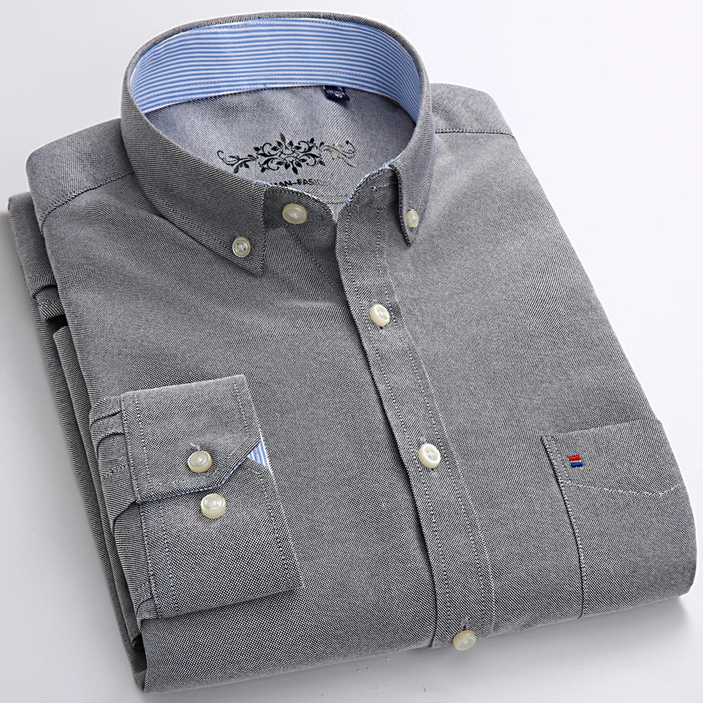 Camisa masculina de manga comprida oxford com botão no peito esquerdo confortável outono inverno ajuste regular casual versátil moda