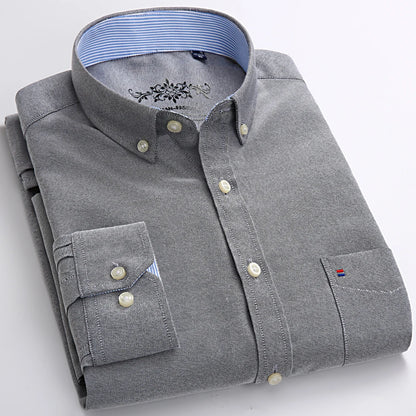 Camisa masculina de manga comprida oxford com botão no peito esquerdo confortável outono inverno ajuste regular casual versátil moda