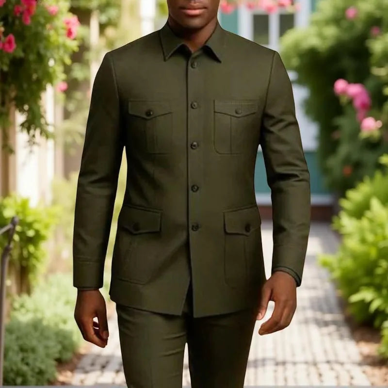 Ternos Casuais Masculinos Safari com Bolsos, Estilo de Moda Chinesa, Ajuste Slim, Terno de Casamento Sob Medida, 2 Peças, Jaqueta e Calças