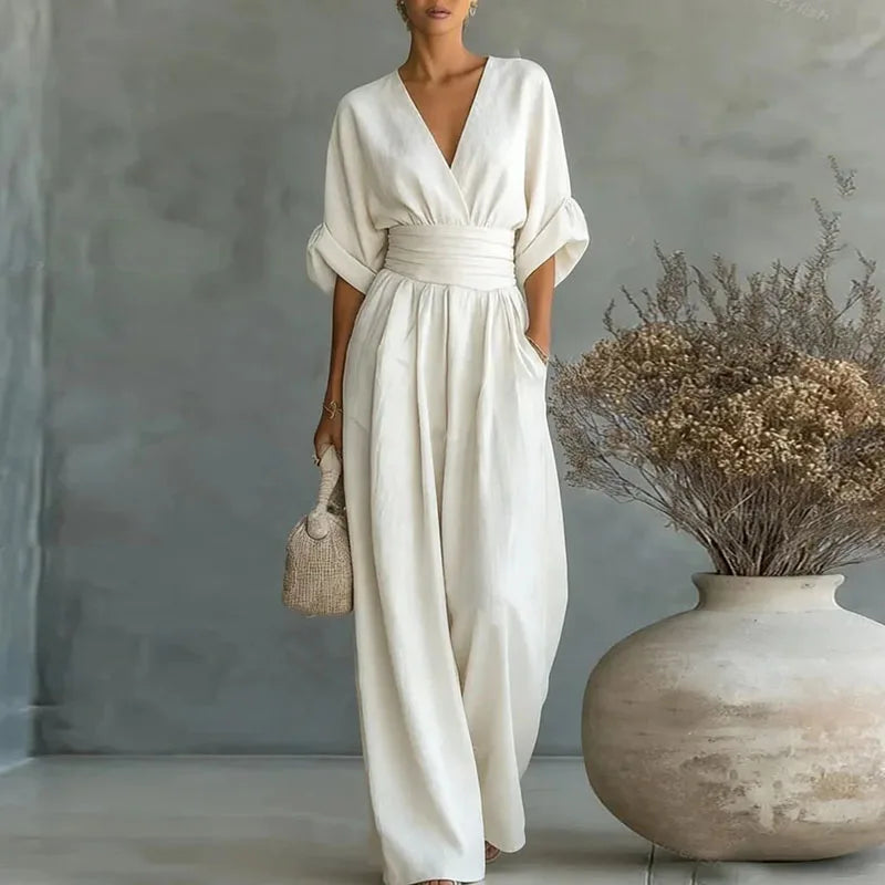 2026 Deep V Neck Women's Jumpsuits Elegant Solid High Waist Rompers Casual Wide Leg Pants Pocket Overalls Vacation Outfit Loose