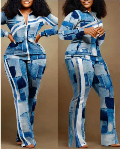Conjunto de duas peças roupa feminina 2023 outono moda geométrica impressão gola manga longa zip up topo & casual calças esportivas conjunto