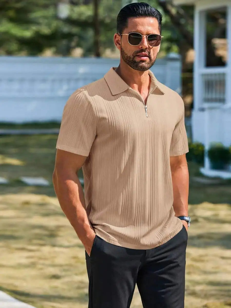 Camisa Masculina com Zíper Frontal, Malha Texturizada, Manga Curta, Casual, Leve, para Golfe
