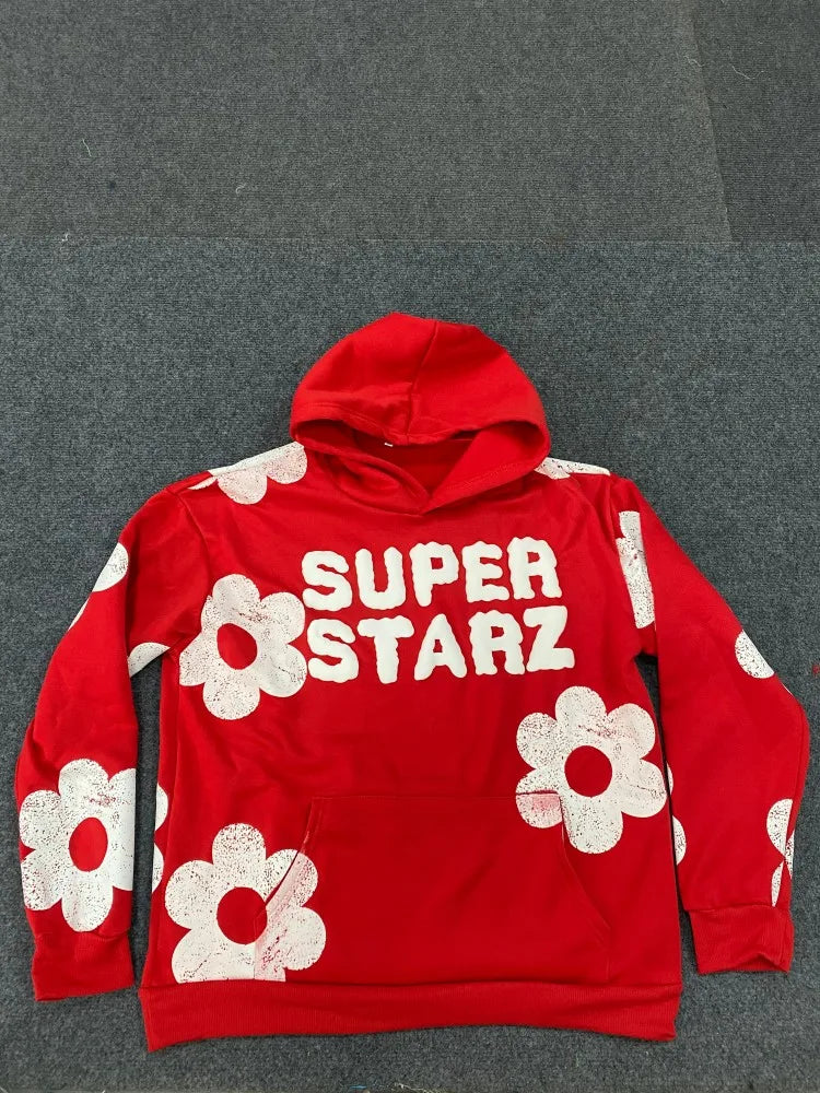 Moletom europeu e americano 2025 com capuz com letras e flores estampadas, moletom punk hip-hop estilo high street