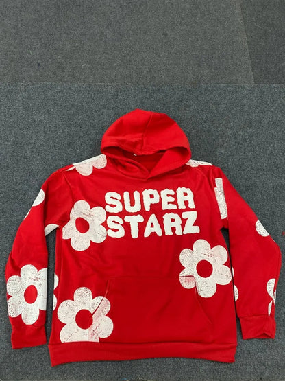 Moletom europeu e americano 2025 com capuz com letras e flores estampadas, moletom punk hip-hop estilo high street