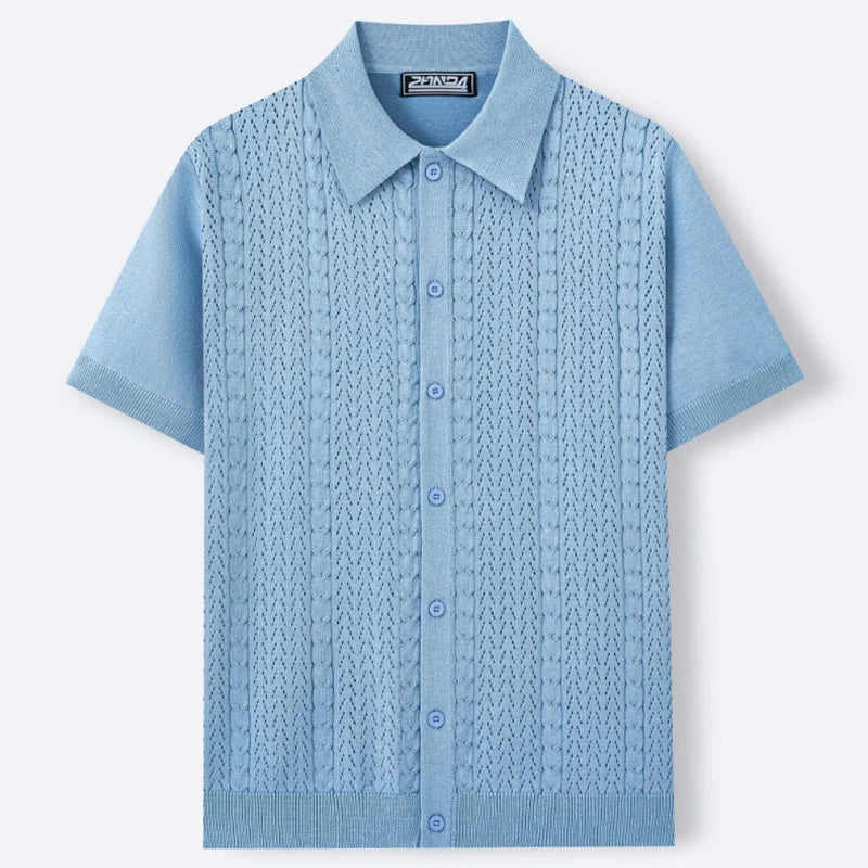 Camisa Polo Masculina Premium de Malha com Botões, Cor Sólida, Manga Curta, Cardigã Vazado, Respirável, Casual, Moda Verão