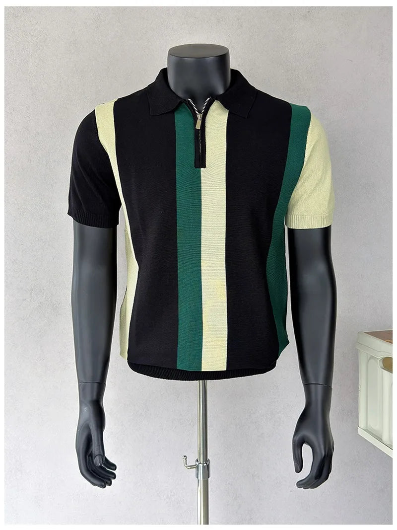 Camisas Polo Tricotadas Listradas Coreanas para Homens, T-shirt Casual com Zíper Lateral, Manga Curta, Estilo Empresarial e Social